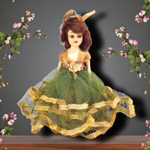 Vintage 1950s Hard Plastic Bridesmaid Doll 8” Sleepy Eyes Tulle Dress Green Gold
